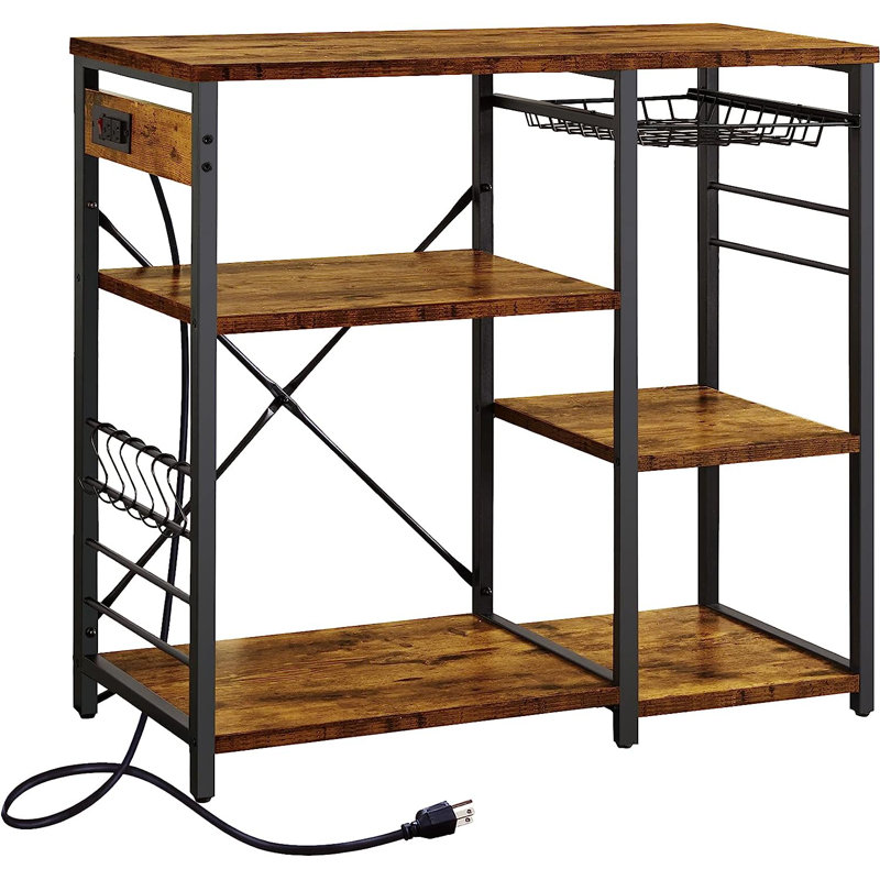 Flamaker Baker's Racks, Small Coffee Bar Table, Microwave Oven Stand With Power Outlet Mini Coffee Station 4 Tier Kitchen Storage Shelves With 5 S Shaped Hooks For Kitchen Grey
